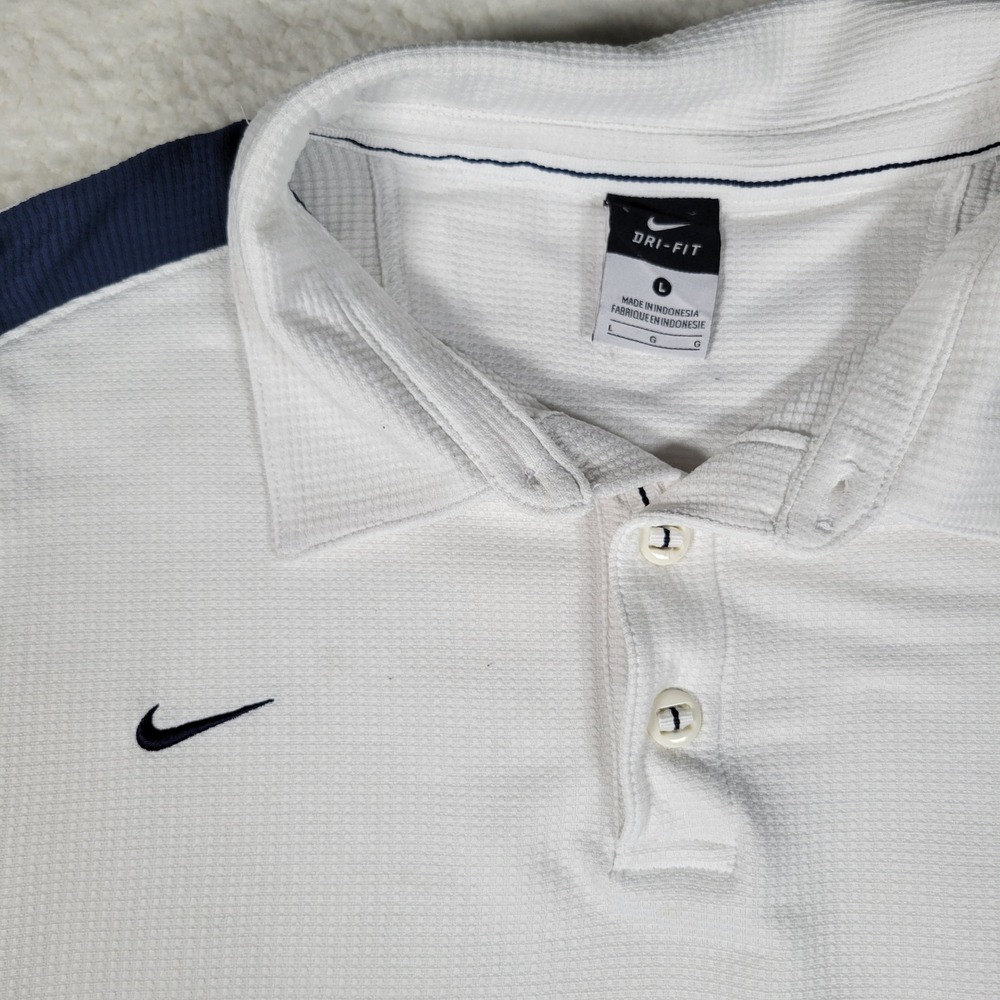 Nike Polo Shirt Mens Large White Blue Dri-FIT Waffle Knit Short Sleeve Logo